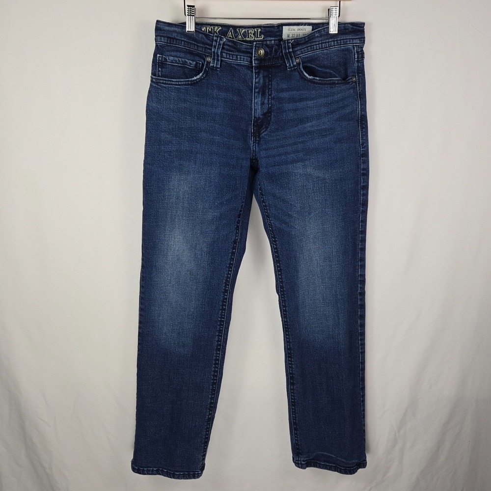 TK Axel Mens Slim Boot Jeans 32x32 Dark Wash Denim Grunge Utility Blue Pants‎
